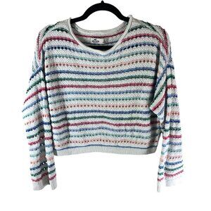 Hollister Womens Sweater Cropped Crochet Open Knit Striped Colorful White S